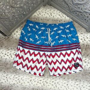 Men’s Maui and Sons red white and blue swim trunks XLarge shark beach pool party